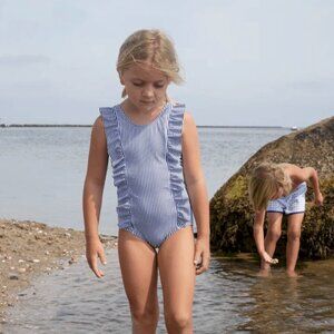 Minnow Swim Navy Stripe Ruffle One-Piece Swimsuit | Girls 3/4T